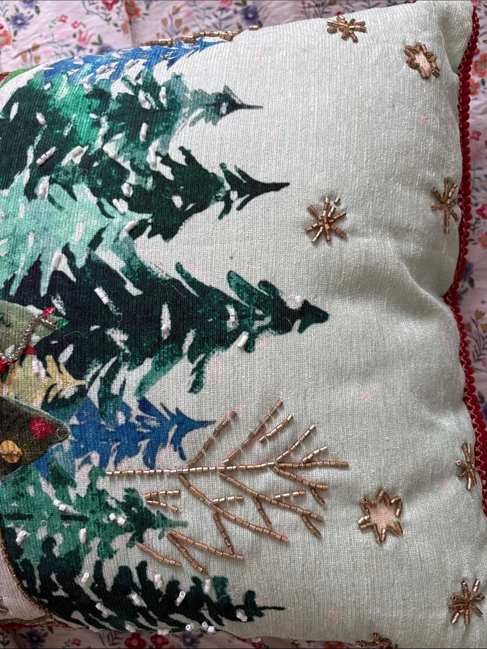 St. Nicholas Square Green and Blue Winter Forest Holiday Pillow